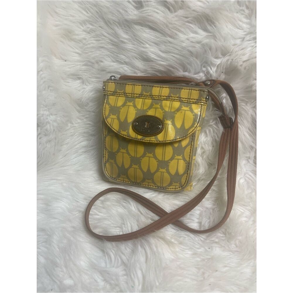 Fossil coated canvas Yellow & gray lady bug pattern small Crossbody Bag -